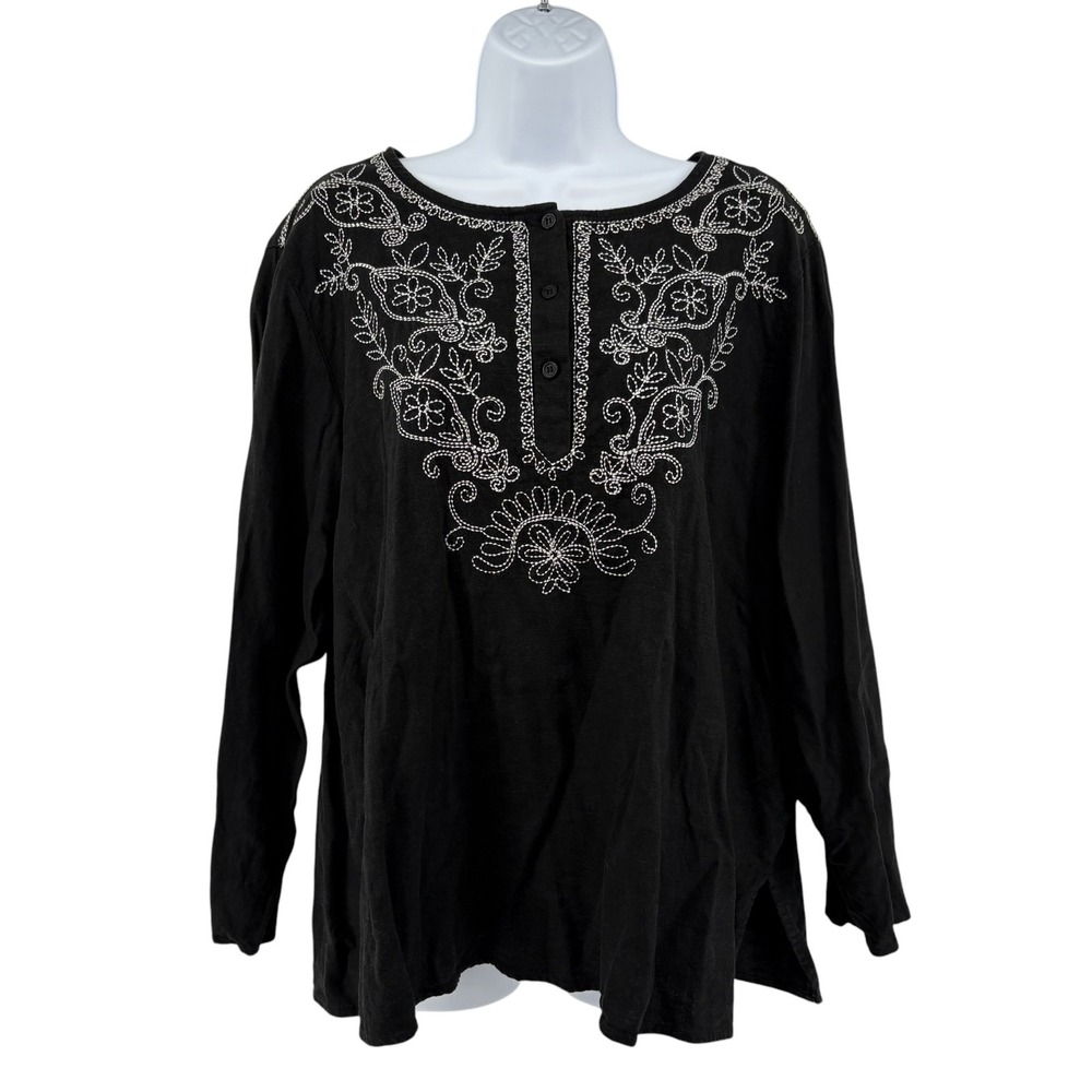 Susan Graver Style A46243 Linen Blend Embroidered Tunic Top 2X Black Boho